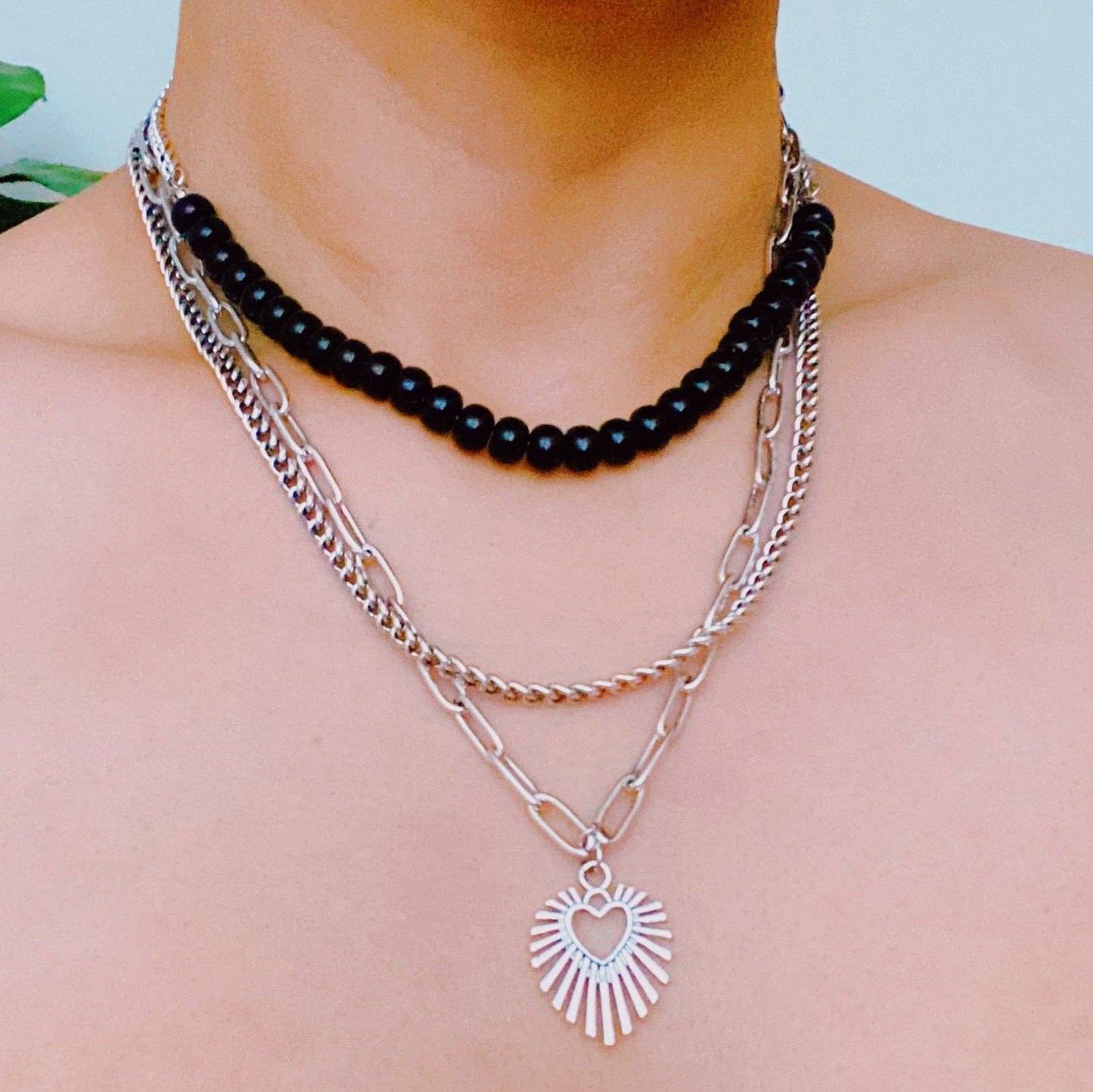 Resin Bead Golden Heart Layered Necklace: Silver