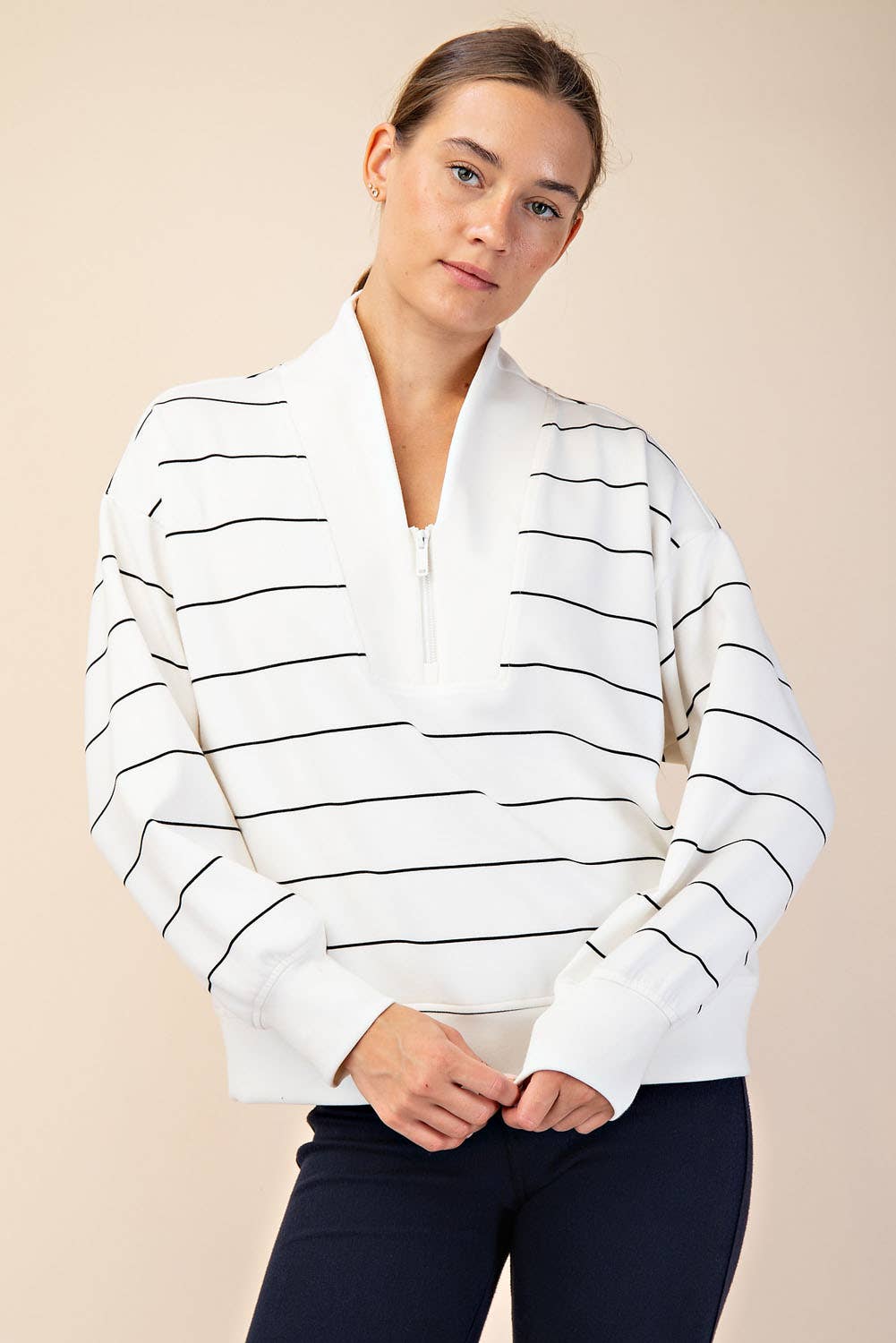 Modal Scuba Stripe V-Neck Jacket (Espresso/Cream)