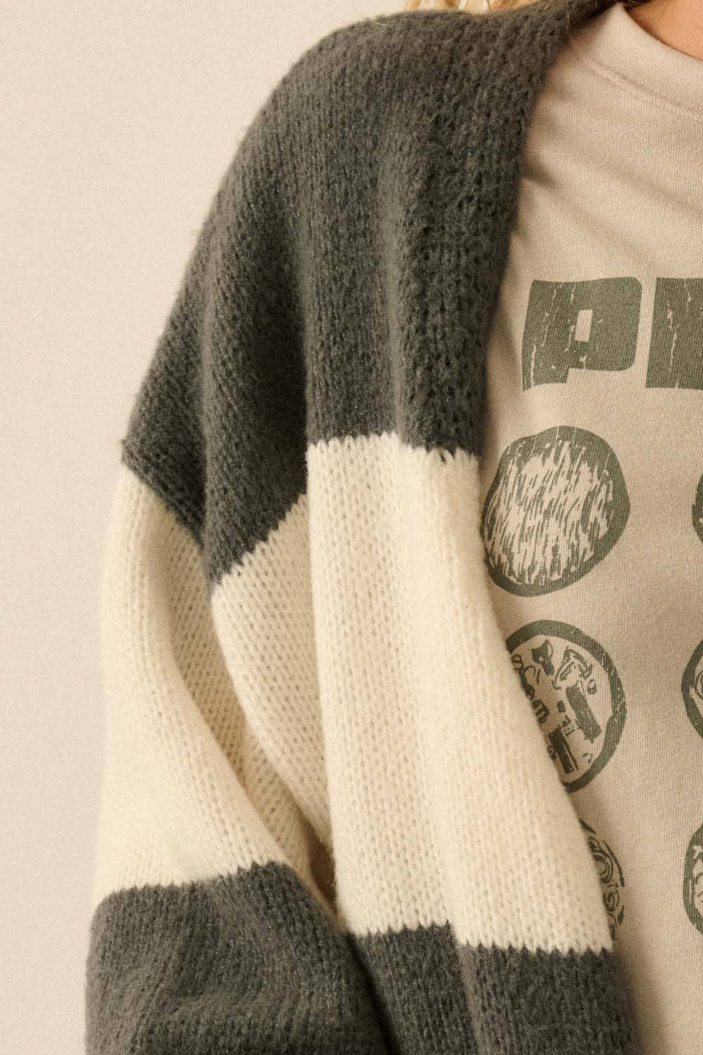 Striped Knit Open-Front Duster Pocket Cardigan: Charcoal-Off White