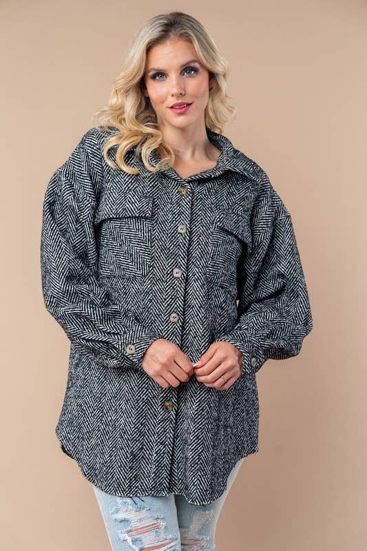 Black Long Sleeve Solid Woven Shacket: PLUS SIZE