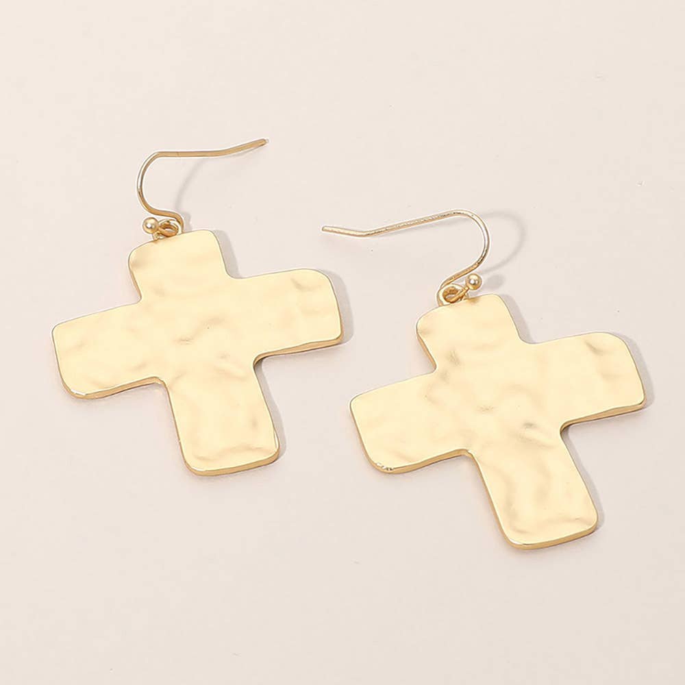 Hammered Metal Cross Dangle Earrings: Silver