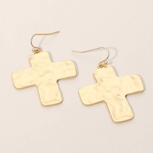 Hammered Metal Cross Dangle Earrings: Gold