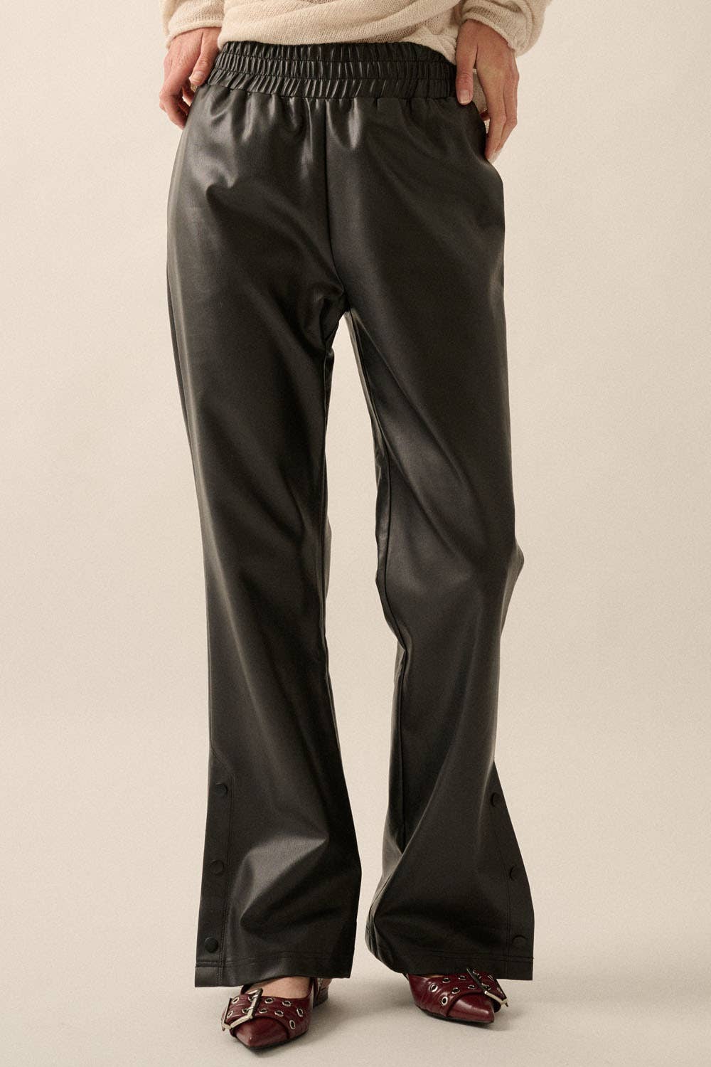Faux Leather Elastic Waist Button Cuff Pants: Black