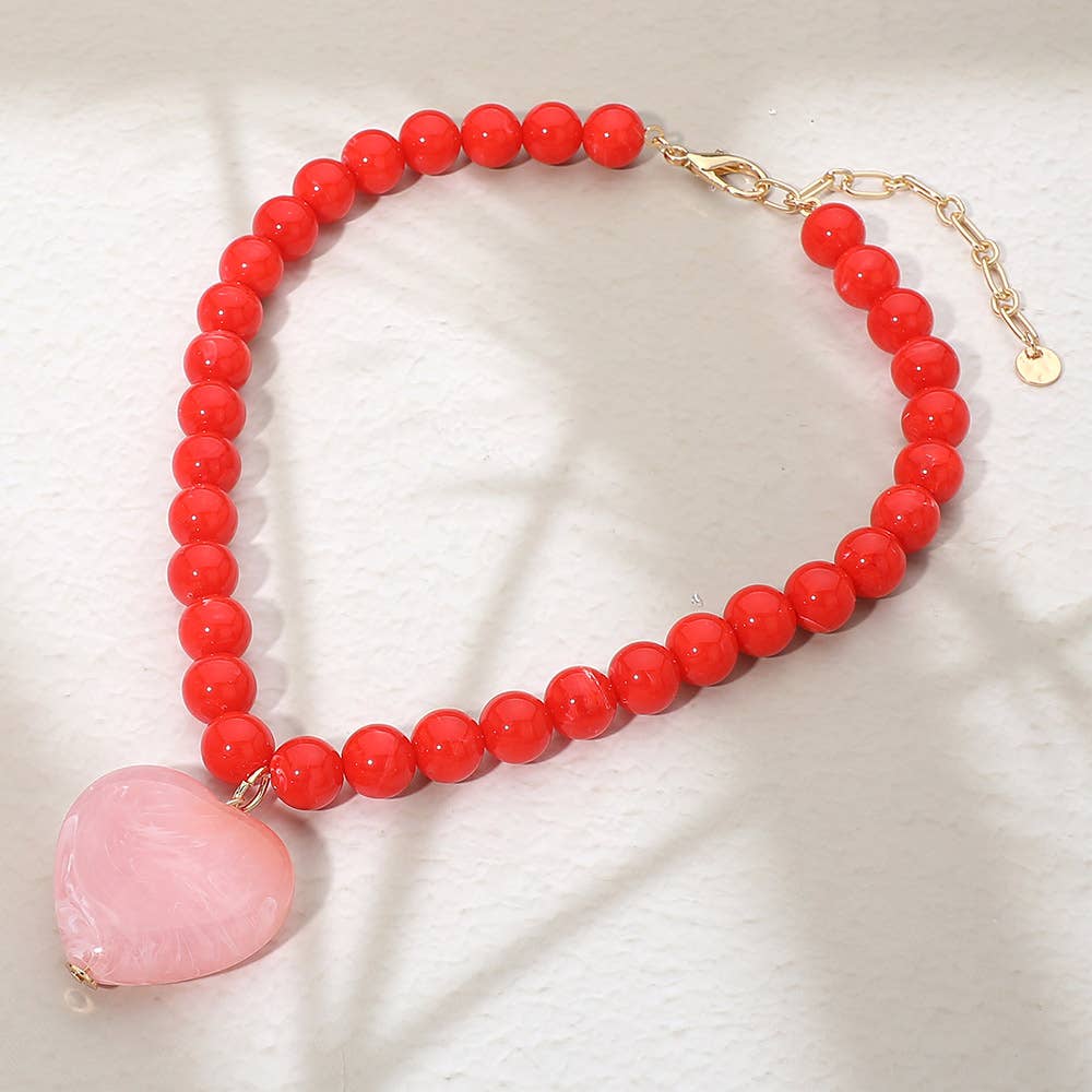 Chunky Marbled Resin Heart Charm Beaded Necklace: Pink