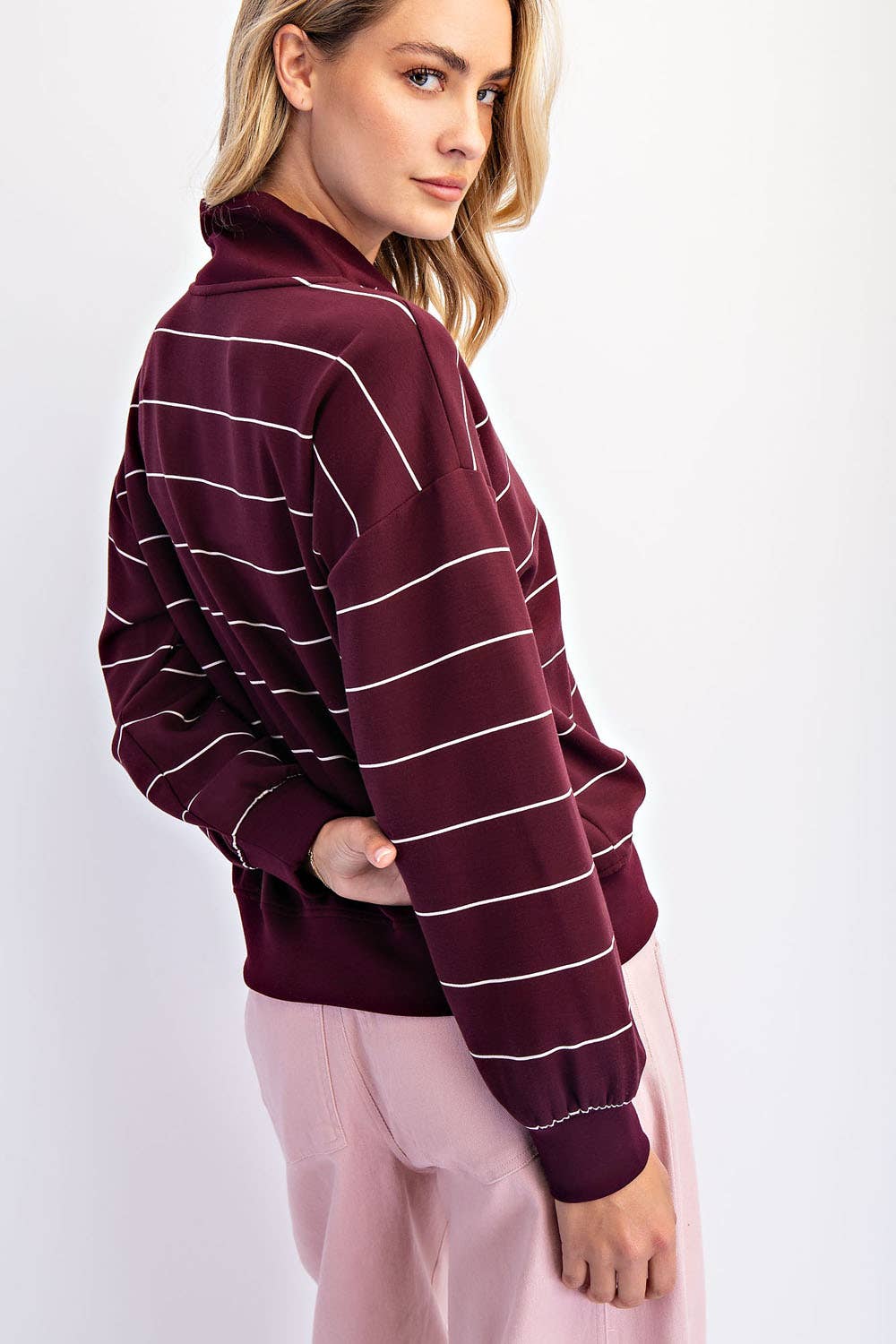 Modal Scuba Stripe V-Neck Jacket (Espresso/Cream)