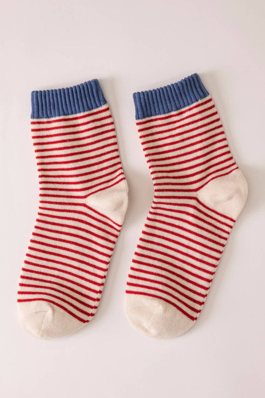 Striped Ribbed Ankle Crew Socks: Red