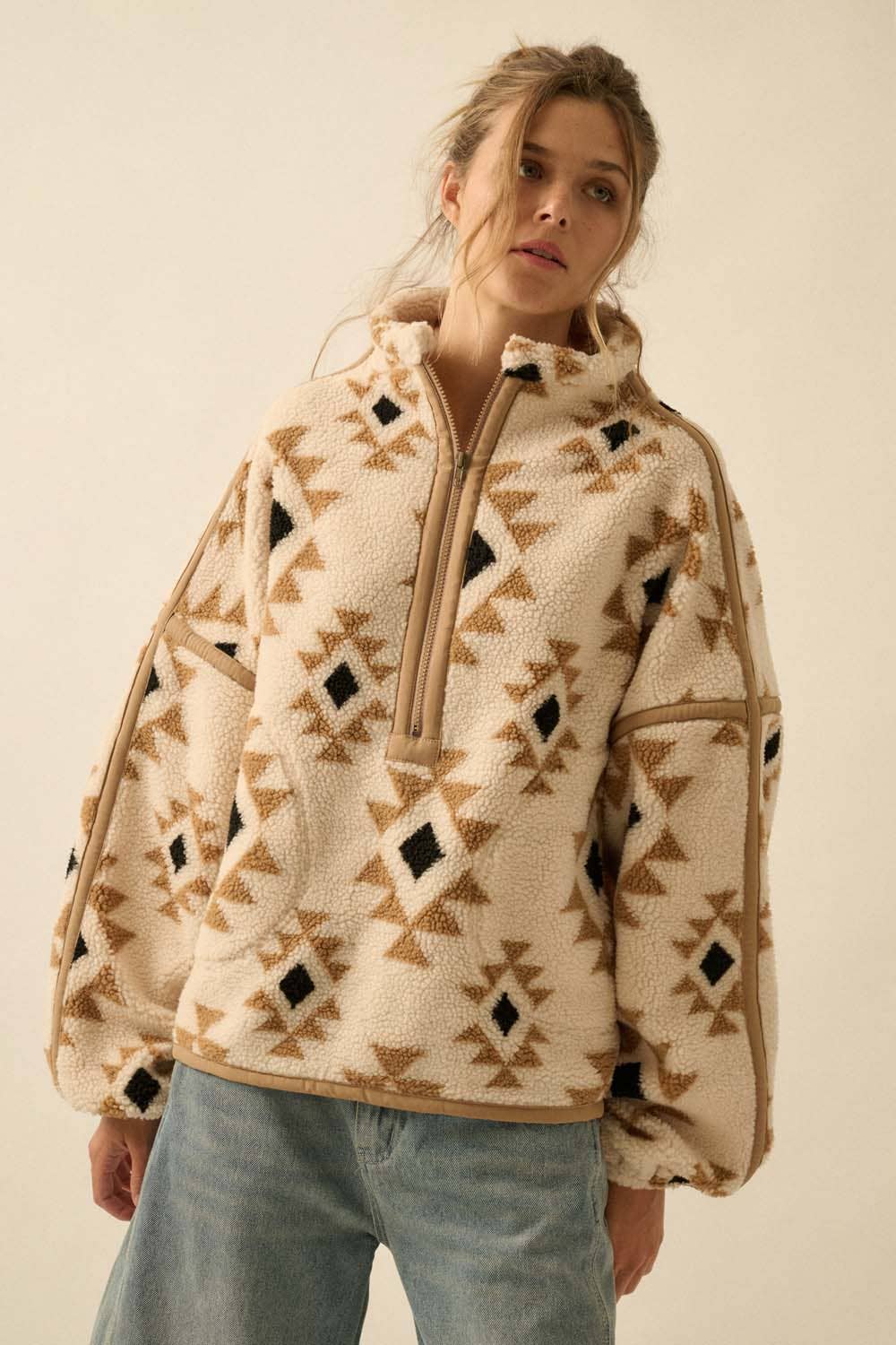Geometric-Print Sherpa Fleece Half-Zip Pullover