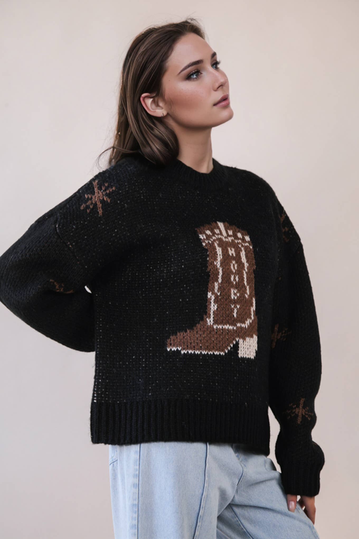 Cowboy Boots Graphic Print Knit Sweater