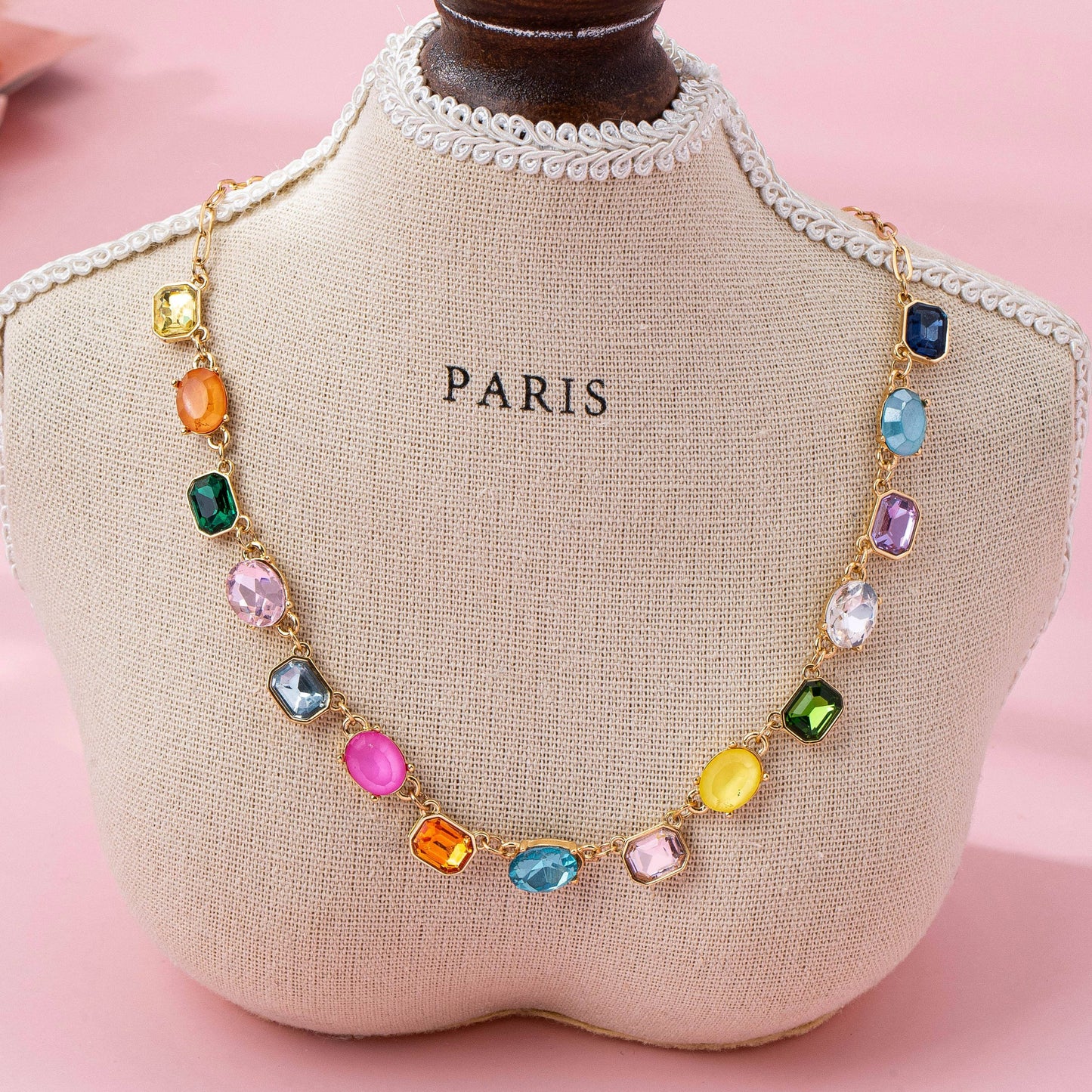 Rainbow Gemstone Paperclip Necklace