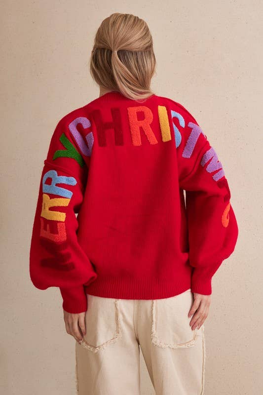 Oversize Christmas Sweater with Lettering: Ivory-Multi