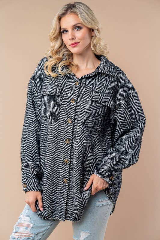 Black Long Sleeve Solid Woven Shacket: PLUS SIZE