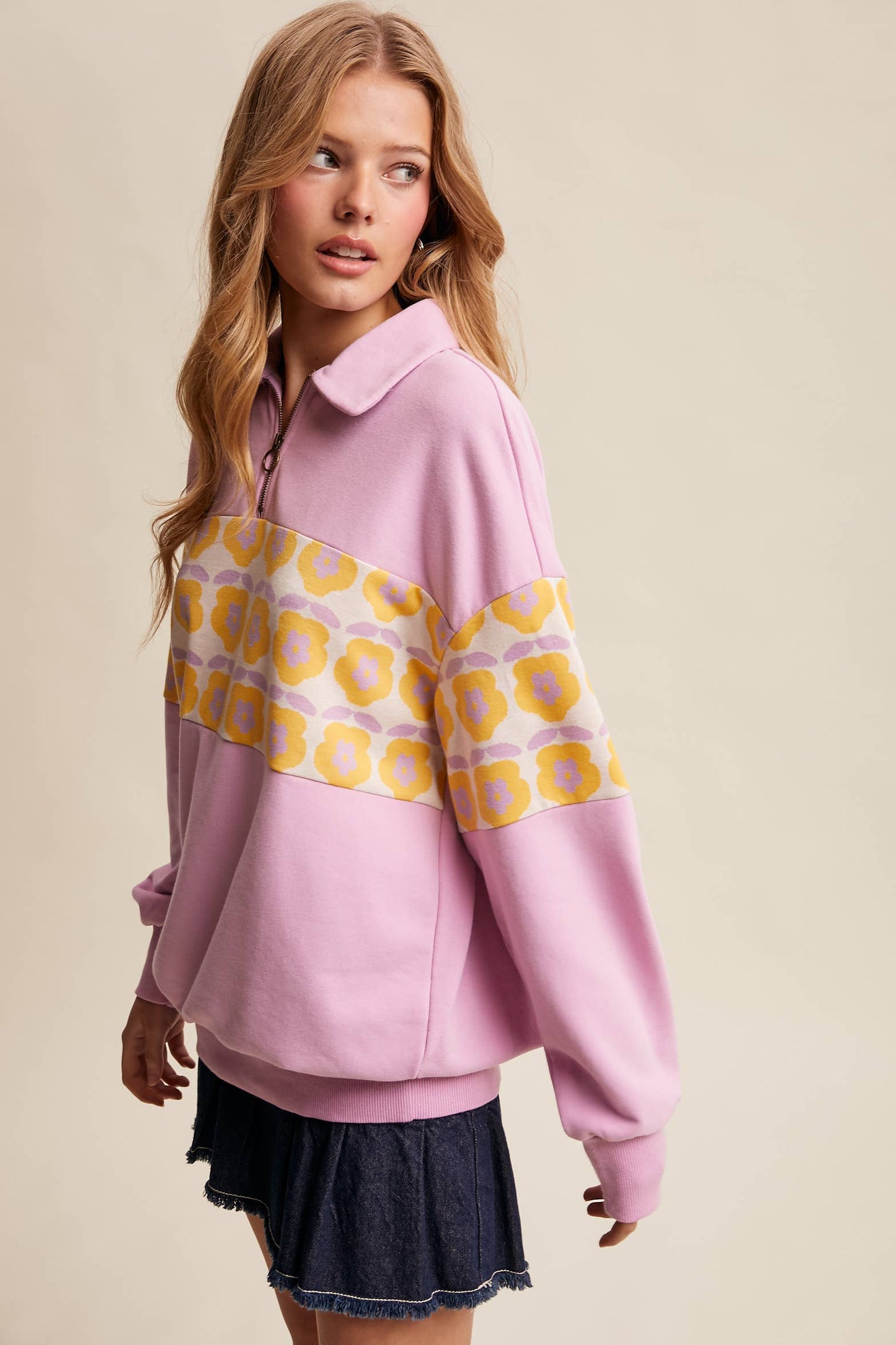 Retro Flower Panel Half-Zip Pullover : Navy