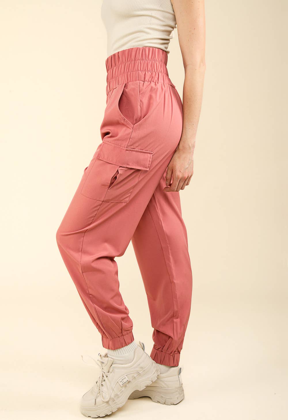 High Waisted Cargo Active Joggers w/ Pockets: Coconut Milk