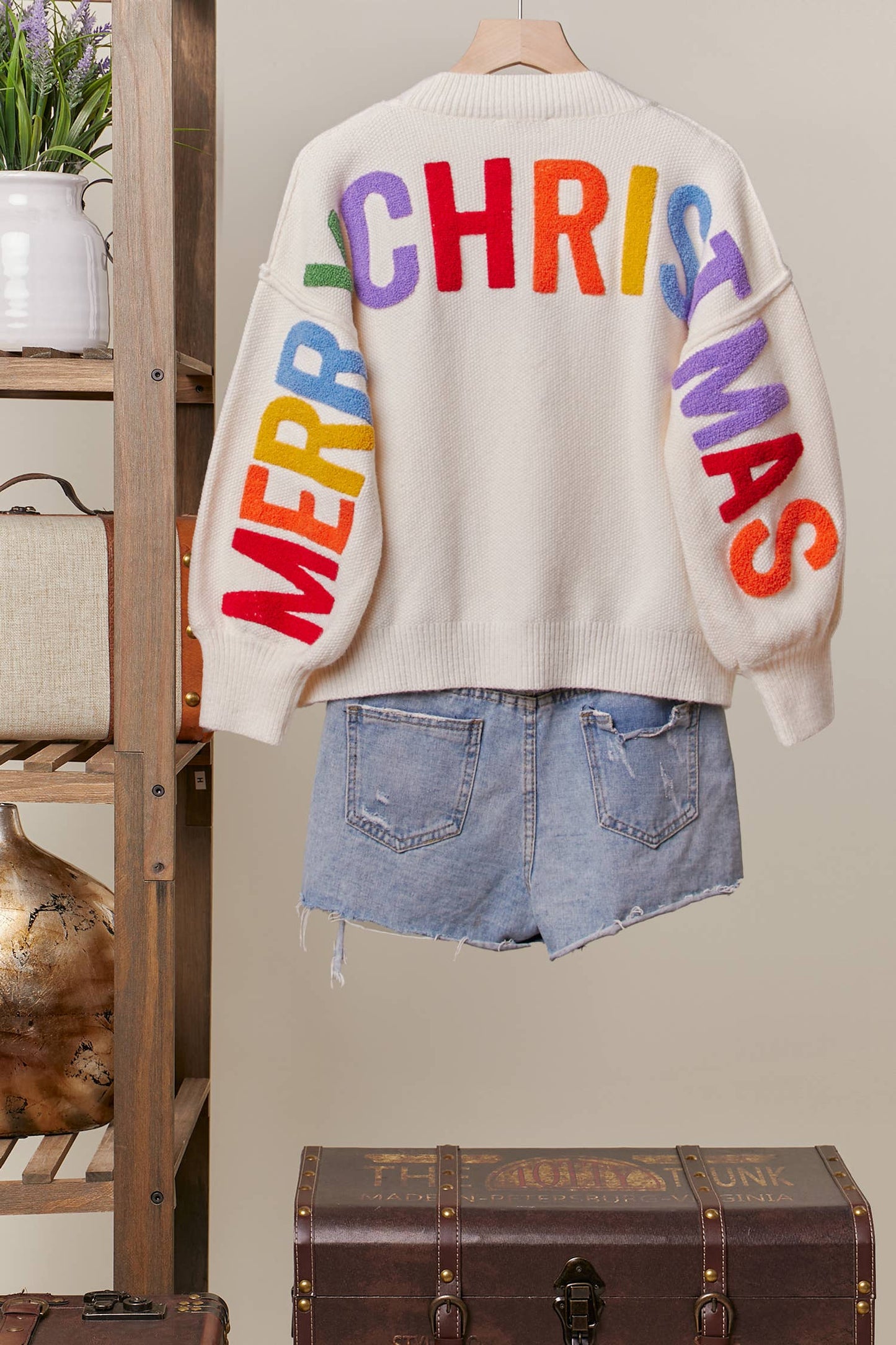 Oversize Christmas Sweater with Lettering: Ivory-Multi