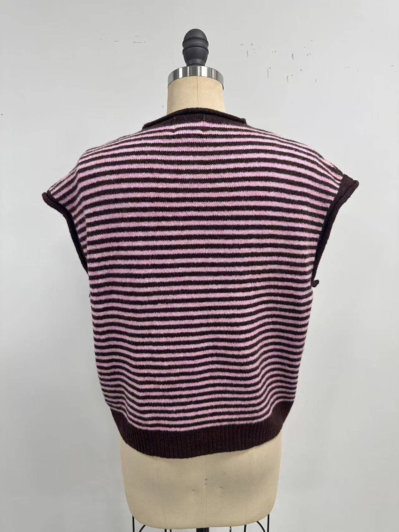 Striped Piper Vest Cardigan - Mini Stripe: Dark Wine