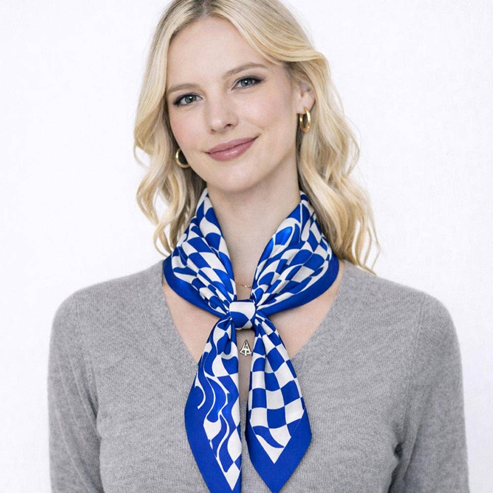 Abstract Wavy Square Print Square Bandana Scarf: Royal Blue