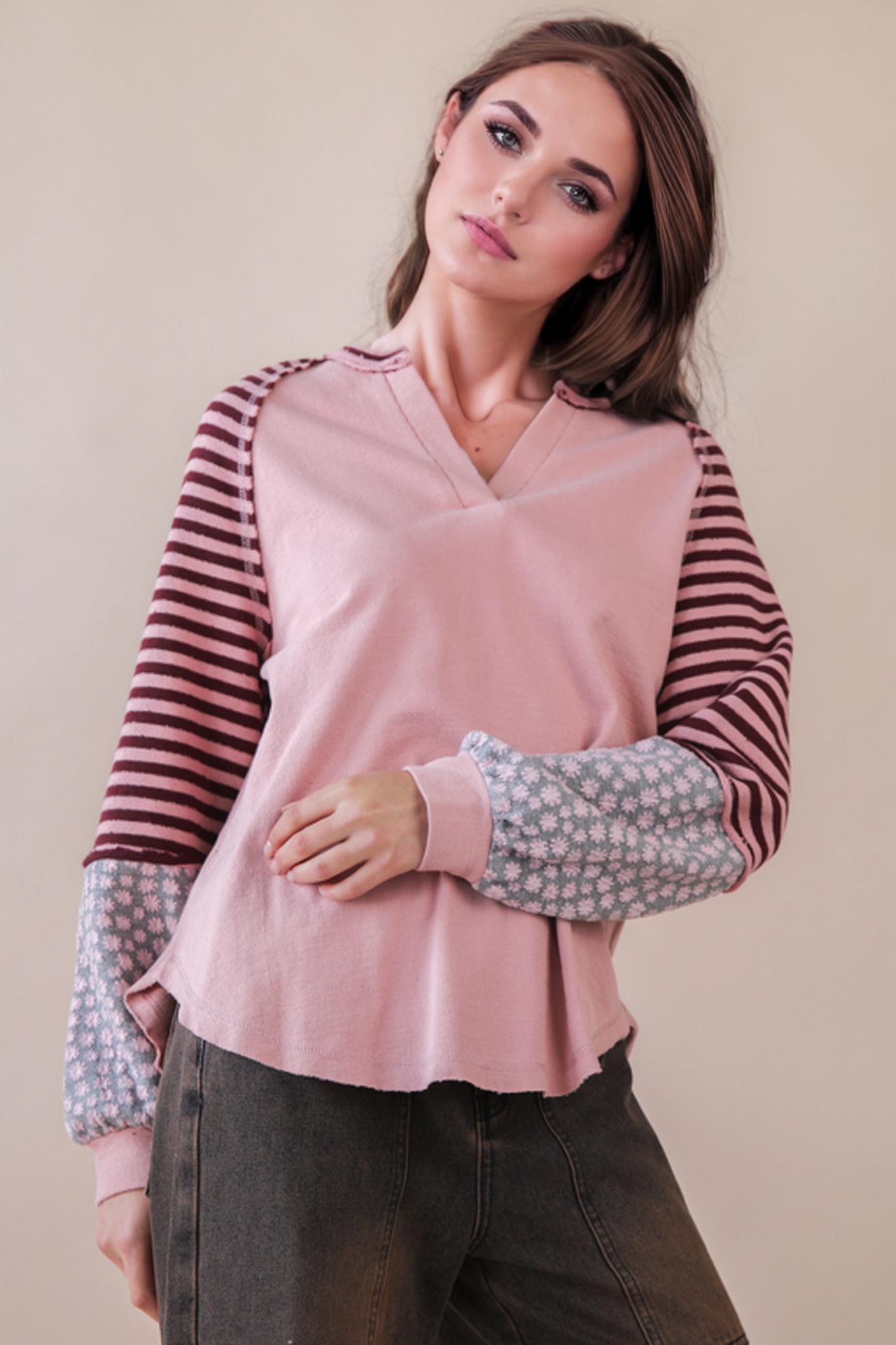 Oversized Floral & Stripe Casual Knit Top: Blush