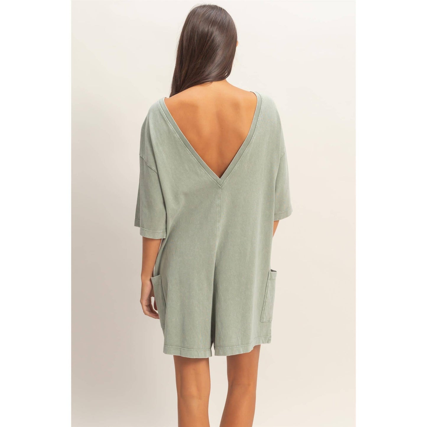 Mineral Washed V-Back Romper: Sage Green