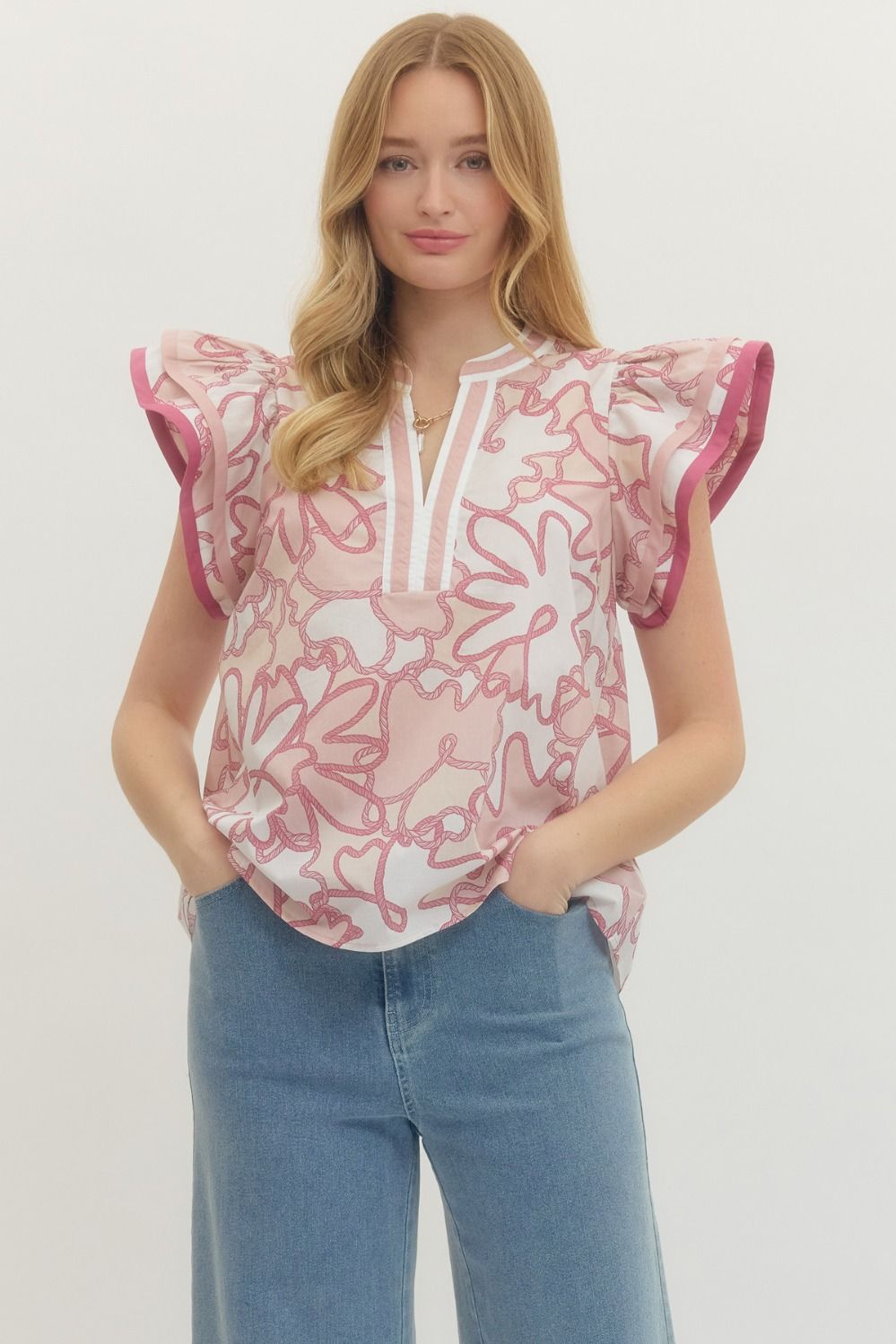 Abstract Print Flutter Sleeve Top - Pink