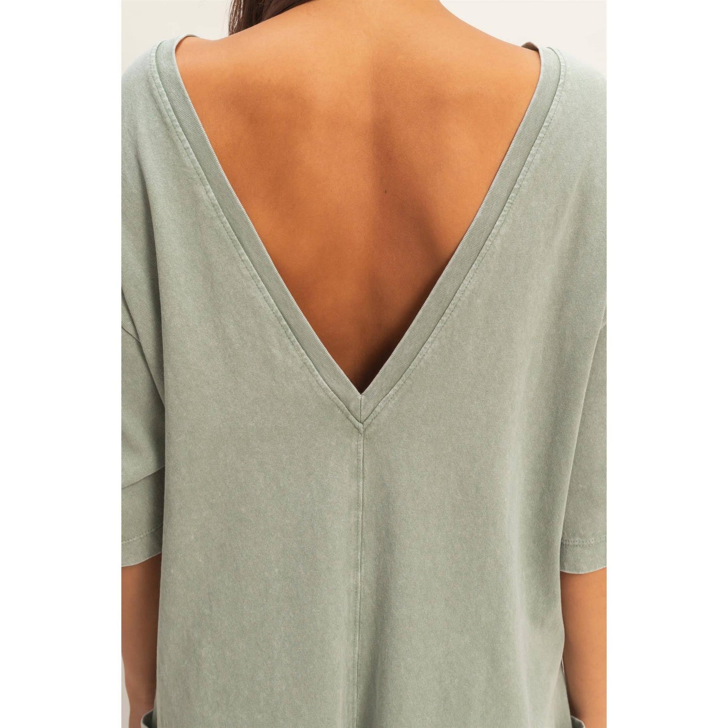 Mineral Washed V-Back Romper: Sage Green