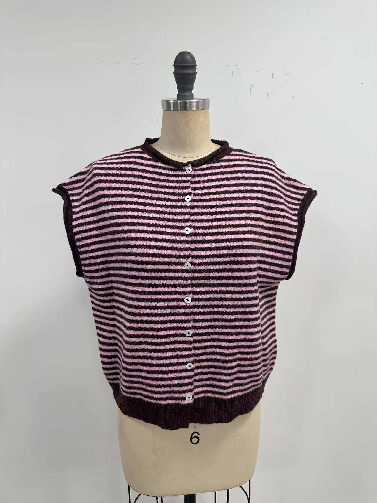 Striped Piper Vest Cardigan - Mini Stripe: Dark Wine