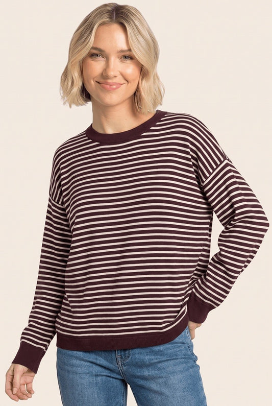 Dark Plum Striped Crewneck Sweater