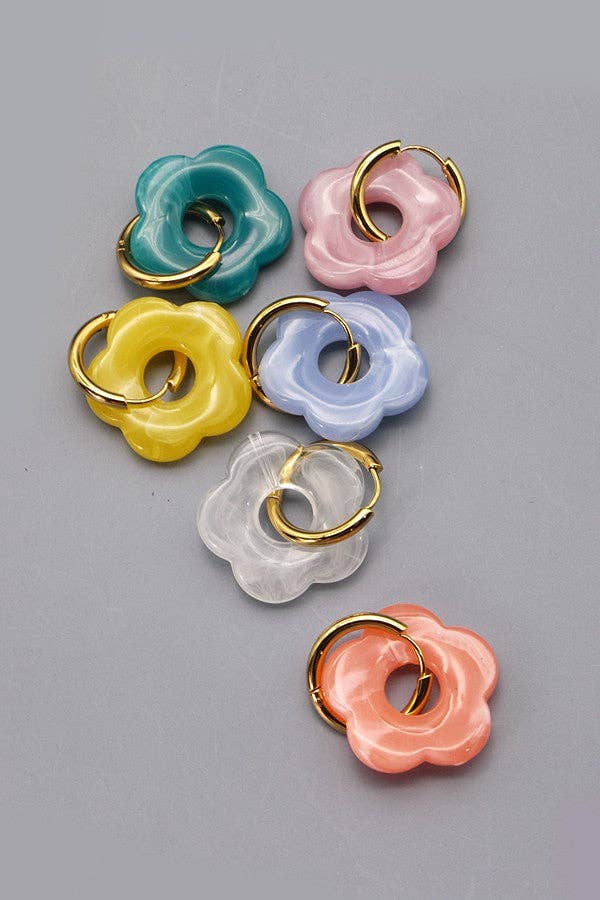 Flower Charm Hoop Earrings : Teal