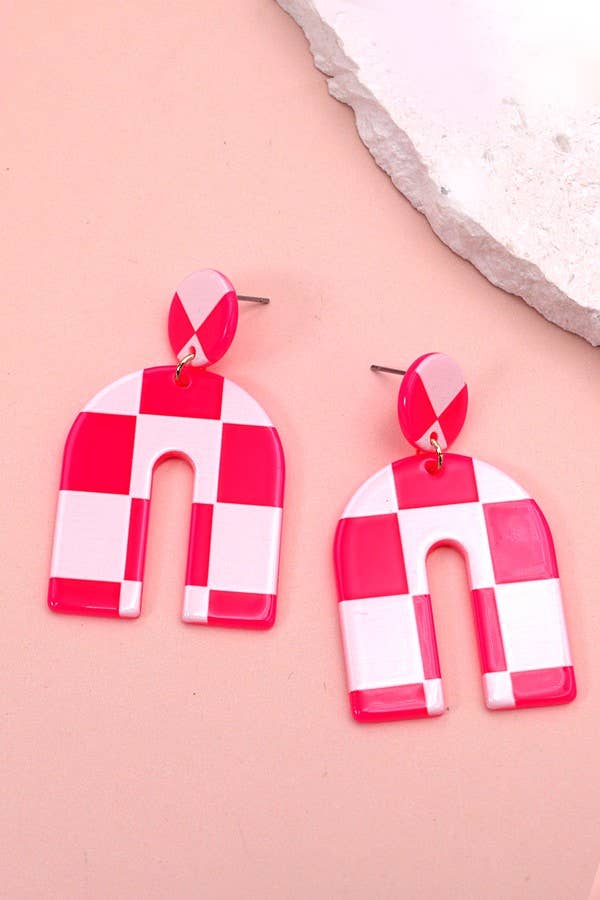Acrylic Checker Earrings : Hot Pink/White