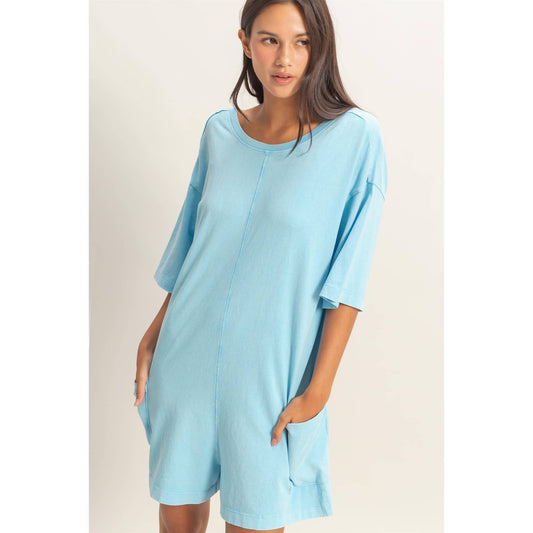 Mineral Washed V-Back Romper: Blue