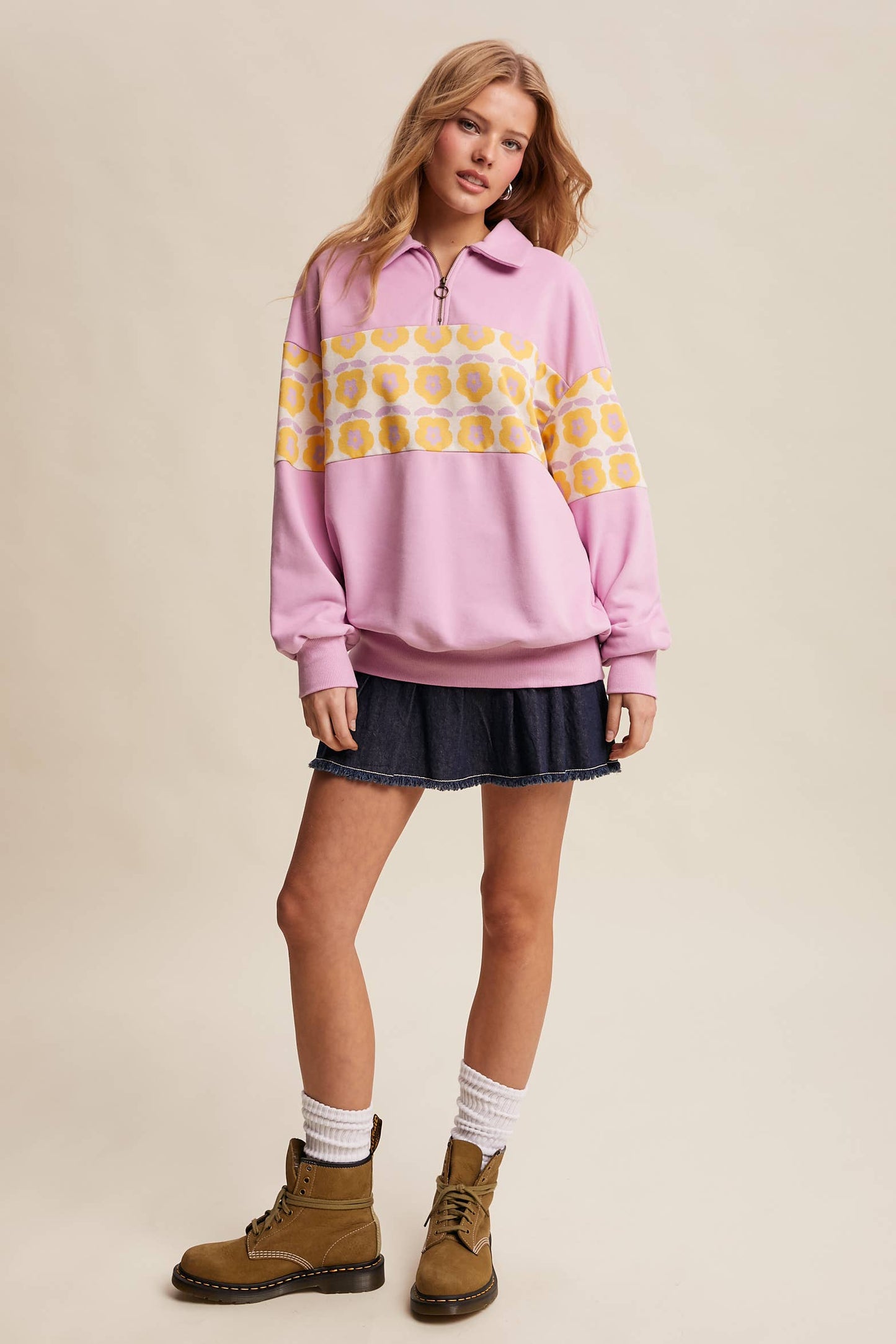 Retro Flower Panel Half-Zip Pullover : Navy