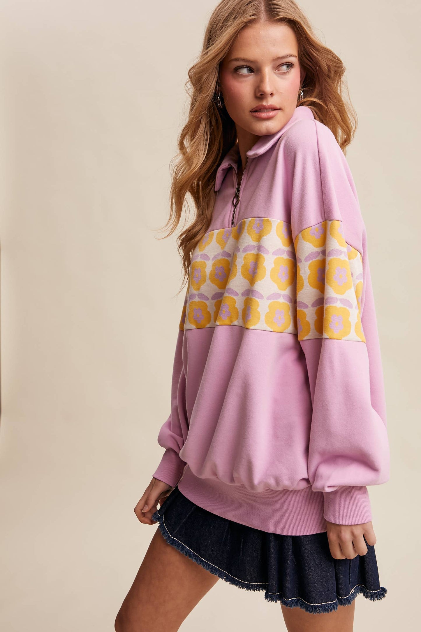 Retro Flower Panel Half-Zip Pullover : Navy