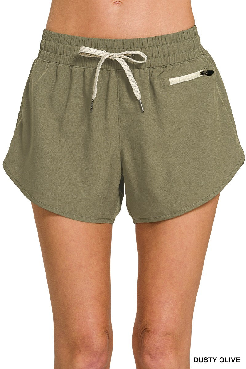 Soft Woven Lines Shorts with Zip Coin Pocket - Dusty Olive