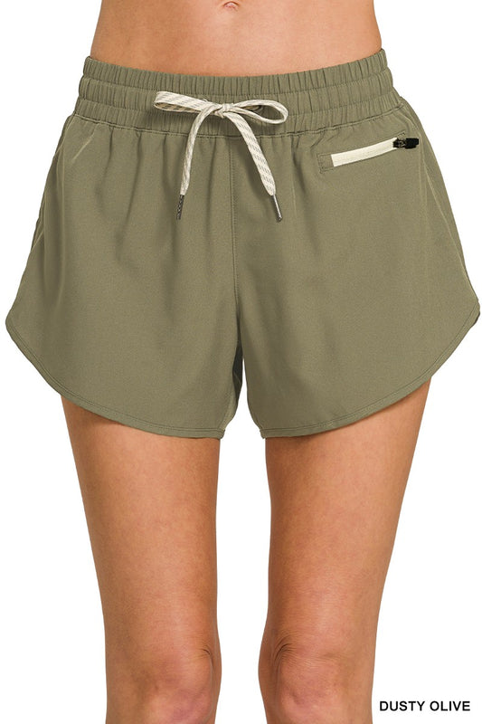 Soft Woven Lines Shorts with Zip Coin Pocket - Dusty Olive