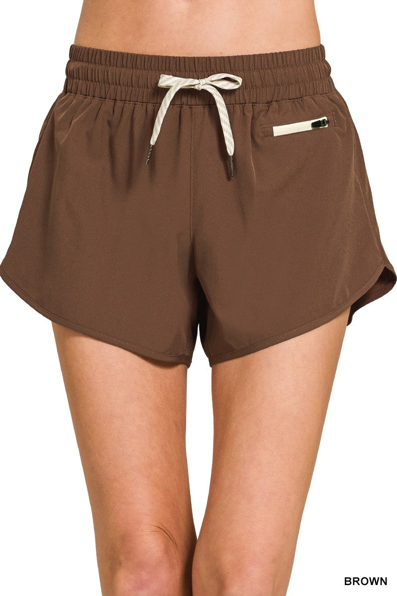 Soft Woven Lines Shorts with Zip Coin Pocket - Brown