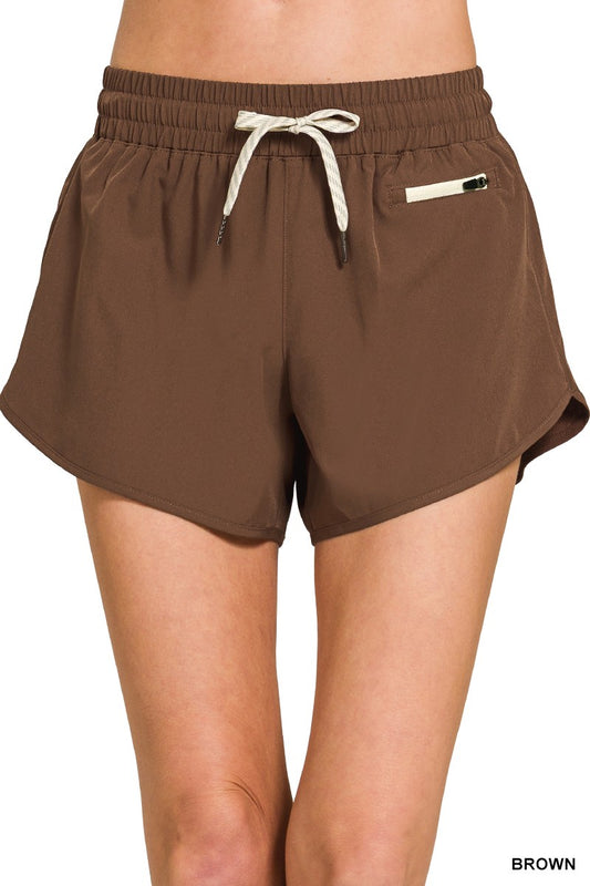 Soft Woven Lines Shorts with Zip Coin Pocket - Brown