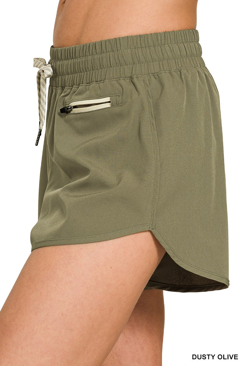 Soft Woven Lines Shorts with Zip Coin Pocket - Dusty Olive