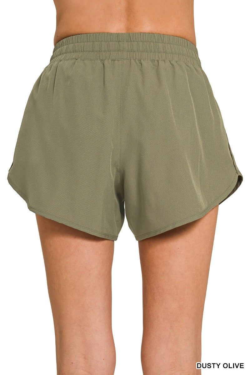 Soft Woven Lines Shorts with Zip Coin Pocket - Dusty Olive