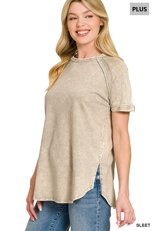 Plus Size - French Terry Washed Curved Hem Top - Sleet