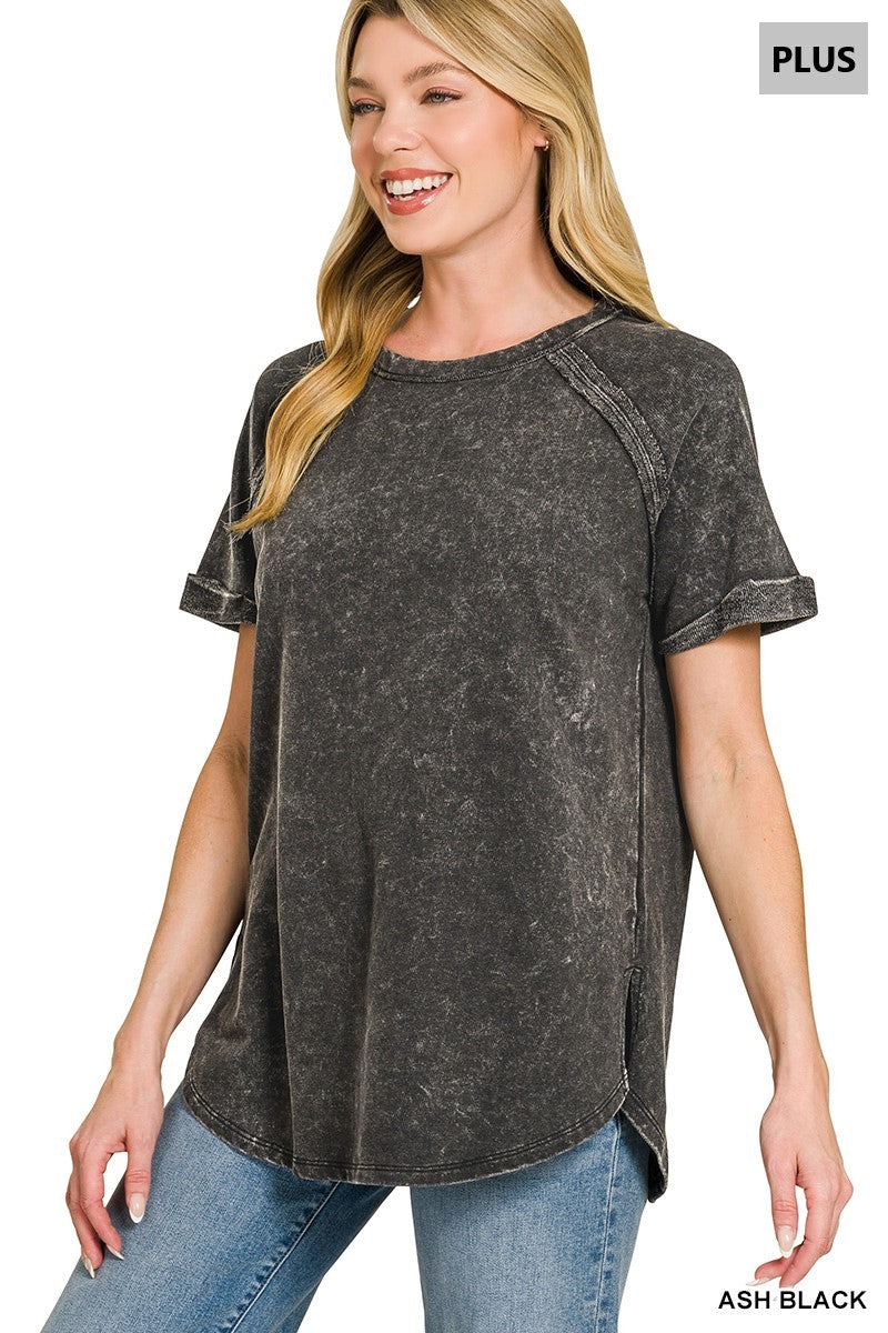 Plus Size - French Terry Washed Curved Hem Top - Ash Black