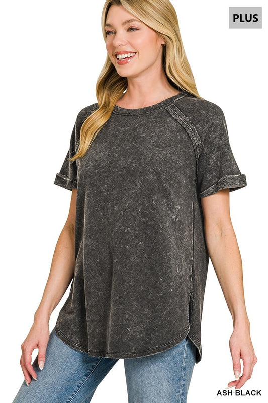 Plus Size - French Terry Washed Curved Hem Top - Ash Black